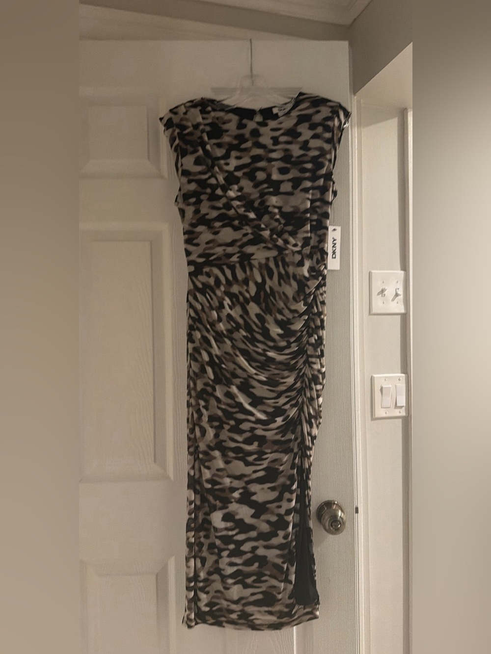 DKNY Olive Green & Black Printed Ruched Midi Dress